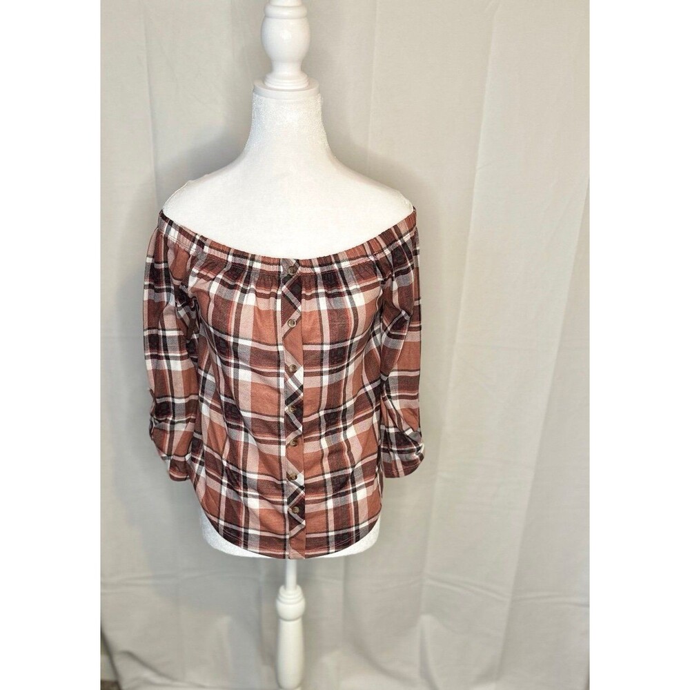 Rue 21 Off The Shoulder Top Womens Size S Mauve Plaid; 100% Polyester